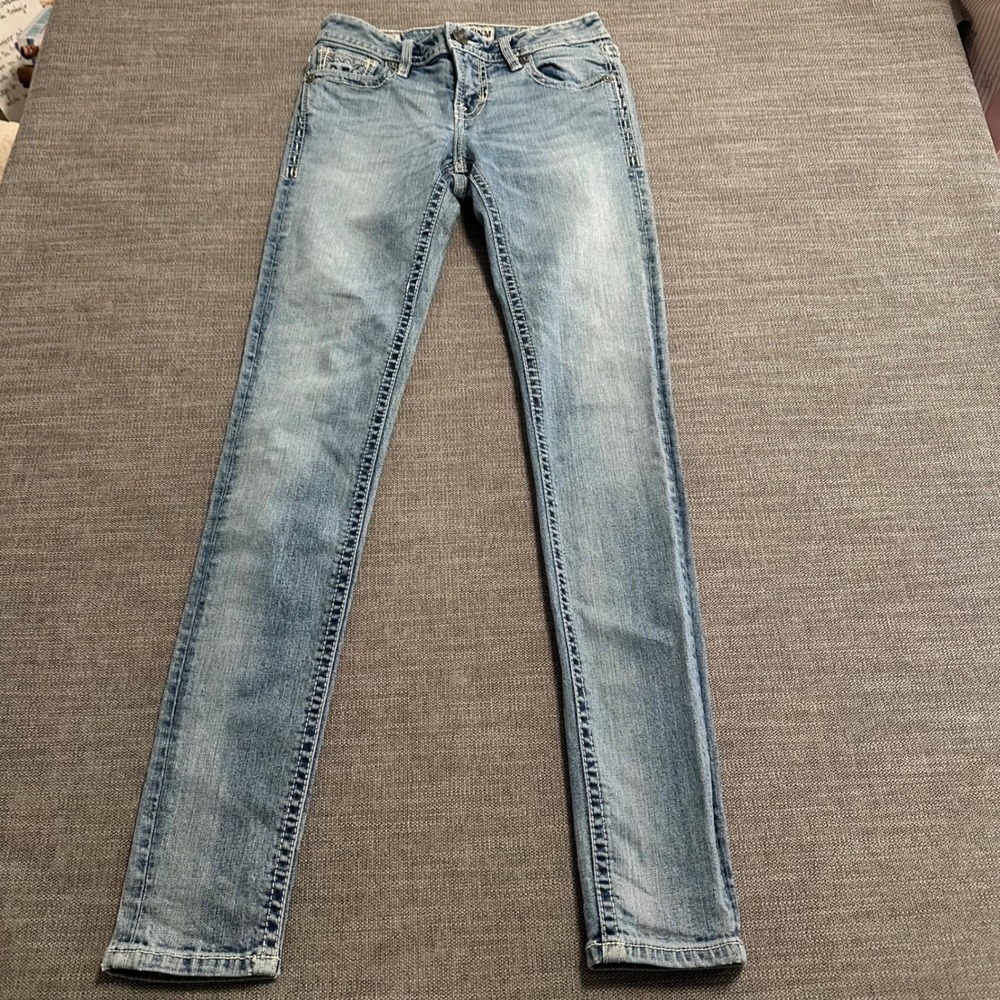 MEK Denim Skinny Jeans Womens 26x32 Blue Embroidered Contrast Stitch Y2K